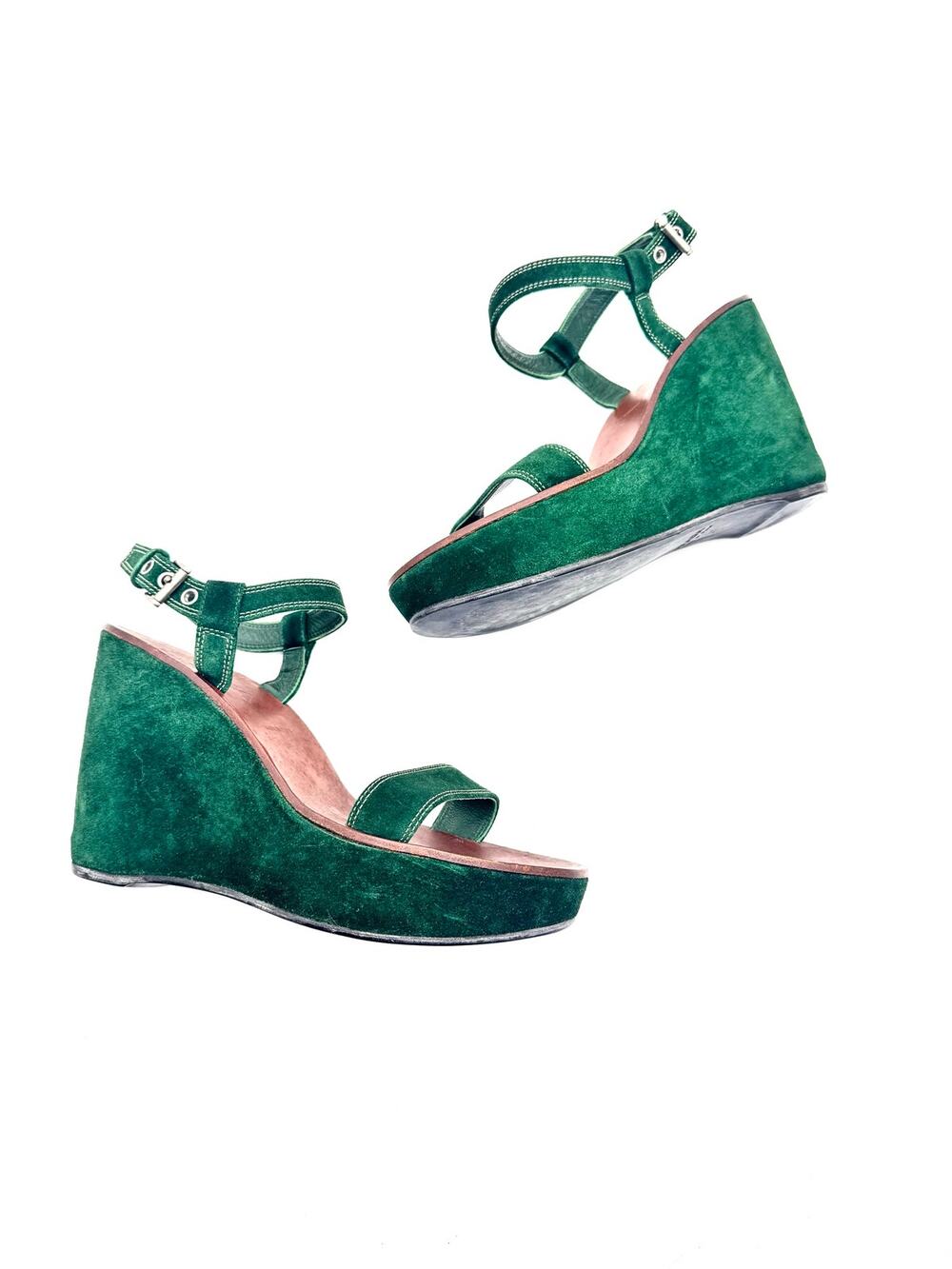 Prada Vintage Y2K Green Suede Platform Ankle Strap Wedges EU 37